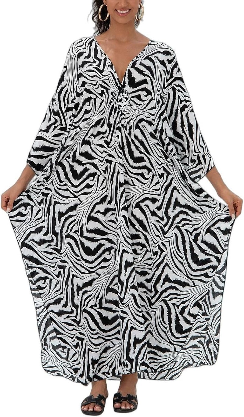 IMAGEKOPE Women's Plus Size Animal Print V-Neck Batwing Kaftan Beach Dress Bathing Suit Cover-Up Loungewear - Image 1